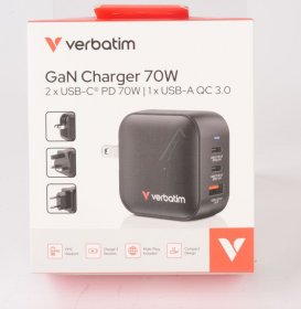 Verbatim Usb Power Supplies - 32229 Gan Charger 70w 2x Usb-c 1x Usb-a Pd Qc Pps Mini