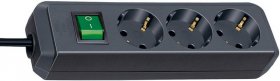 BRENNENSTUHL Three-way Plug Adaptor ECO-LINE THREE-WAY PLUG ADAPTOR + SWITCH, BLACK, 5M